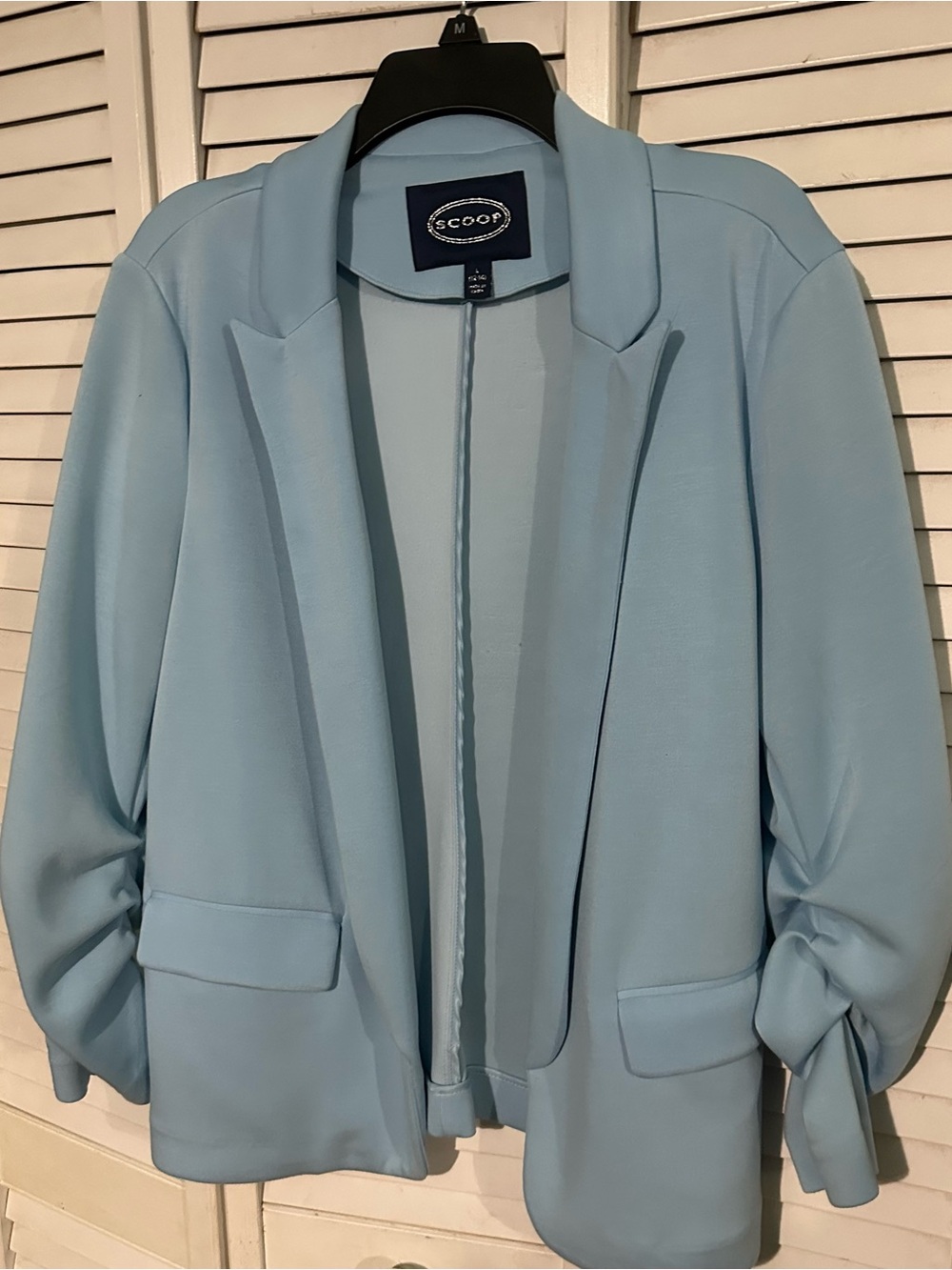 Scoop NYC Light Blue Open-Front Blazer with Ruched Sleeves